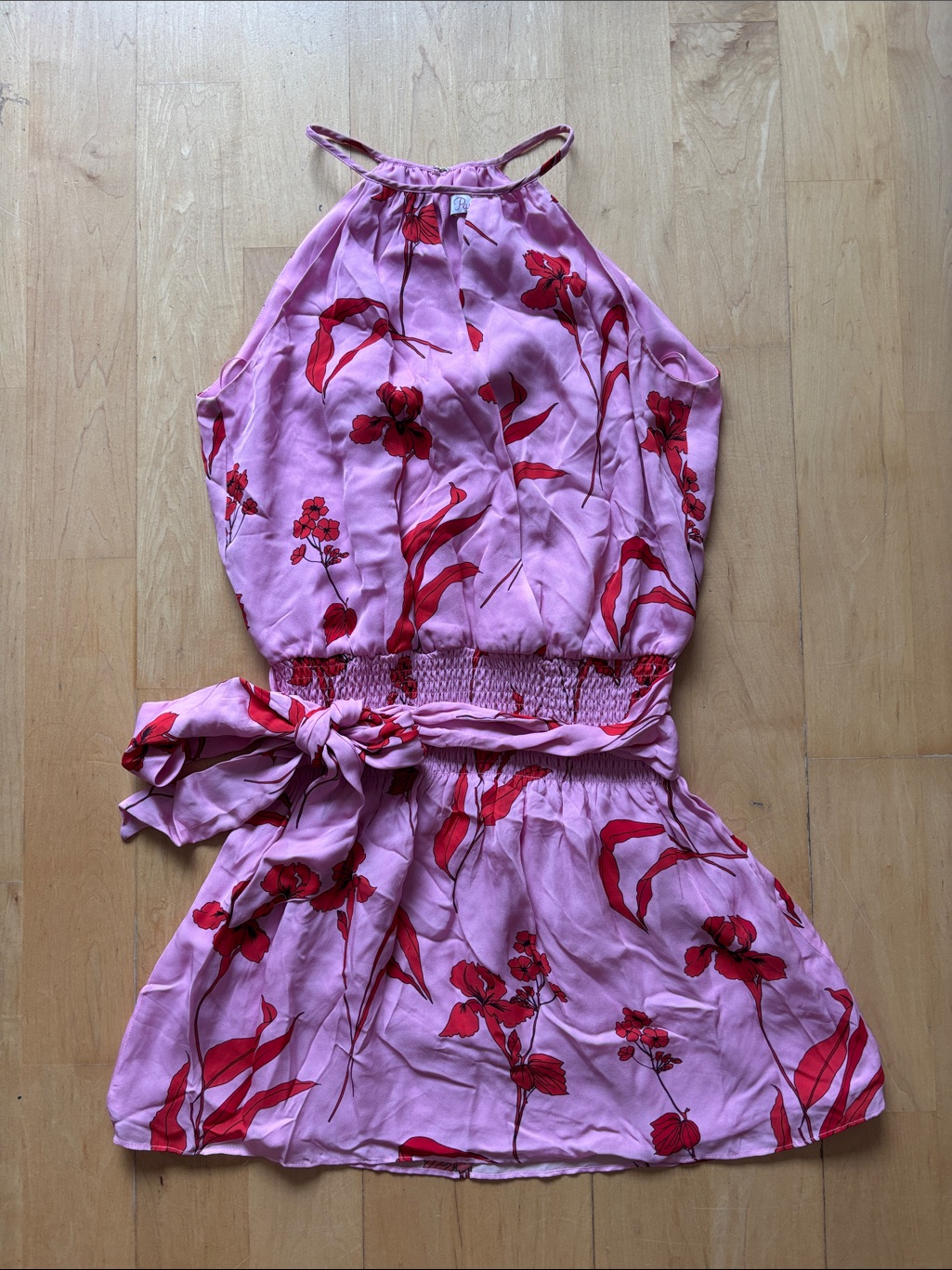 Pink Floral Halter Mini Dress With Red Blooms
